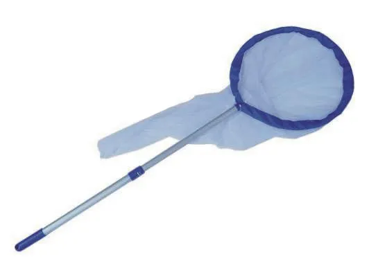 305050-305050-sommerfuglhaav-okonomi - LabDidakt.dk Sommerfuglenet er et rundt fiskenet med en blå kant og et langt sølvhåndtag, vist på en hvid baggrund.