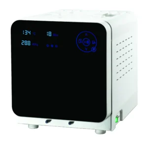 Autoklave VAPOURLINE lite 23 L er en hvid bordautoklave med et digitalt display og blå betjeningsikoner på forsiden.