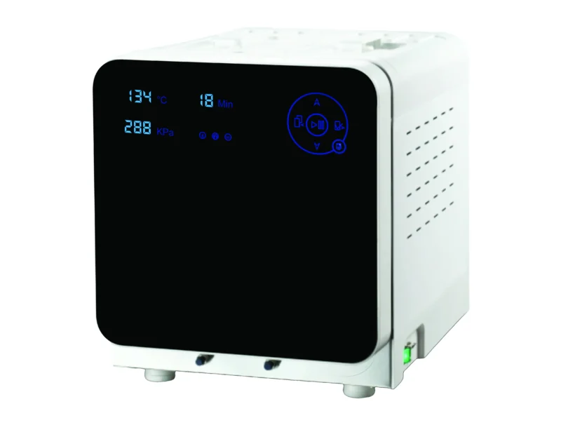 Autoclave_Toutch_Pro_CRISPIN_MED_23L_708228_3_a622 - LabDidakt.dk Autoklave VAPOURLINE lite 23 L er en hvid bordautoklave med et digitalt display og blå betjeningsikoner på forsiden.