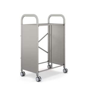 Callero opbevaringsvogn er en metalvogn med fire hjul, åbne sider og to sidehåndtag på en hvid baggrund.