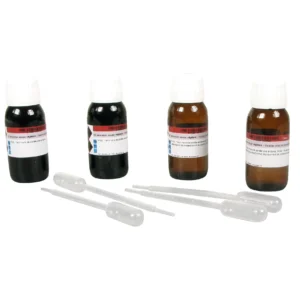 Kit til plantevævsfarvning (xylem og floem) med fire flasker og fire pipetter vist foran dem.