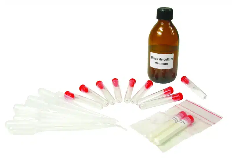 En brun flaske mærket "Mikrobiologisk initieringssæt - Yoghurtbakterier", reagensglas med låg, pipetter og en lille pose med rør.