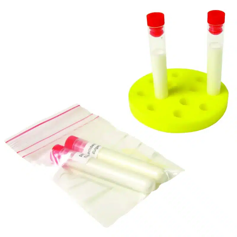 Mikrobiologisk initieringssæt - Yoghurtbakterier indeholder reagensglas i en gul holder og en genlukkelig pose, vist på hvid.