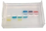 Kit Principperne for elektroforese har en 6-brønds agarosegel med blå, gule og røde bånd, der adskilles ved elektroforese.