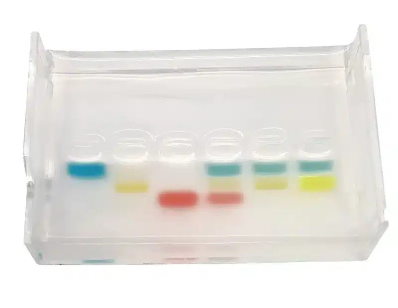 Kit Principperne for elektroforese viser en klar gel med blå, gule og røde bånd i brønde til adskillelse af prøver.