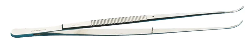 Stor tang - buet model: Buet pincet i rustfrit stål med et rillet greb nær håndtaget.