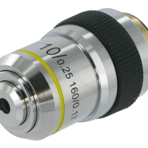 Et nærbillede af Akromatiske objektiver til mikroskop med 10/0,25 160/0,17 markeret og en gul ring nær bunden.