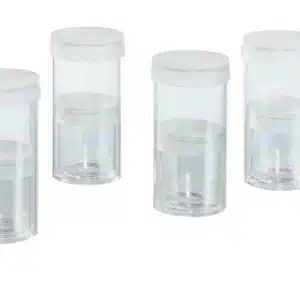 Seks Åndedræts-/kalkvandshøjttalere med hvide skruelåg er anbragt i to rækker på en hvid baggrund.