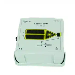 En hvid kasse mærket Laserdioder 1 mW, λ = 650 nm, med gule advarselsmærkater og en lille laseråbning øverst til højre.