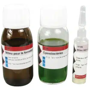 Cyanobakteriekit til stromatolitdannelse indeholder en brun flaske, en klar flaske mærket Cyanobactéries og en klar ampul.