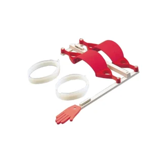 Model bevægelsen legetøjshåndgrabber med rødt håndtag, hvide løkker og lille rød plastikhånd, vist på en hvid baggrund.