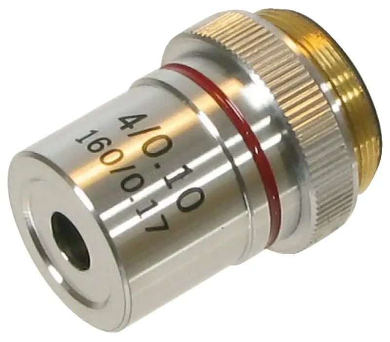 Akromatiske objektiver til mikroskop har et metalhus, indgraverede specifikationer og en rød ring ved den gevindskårne ende.