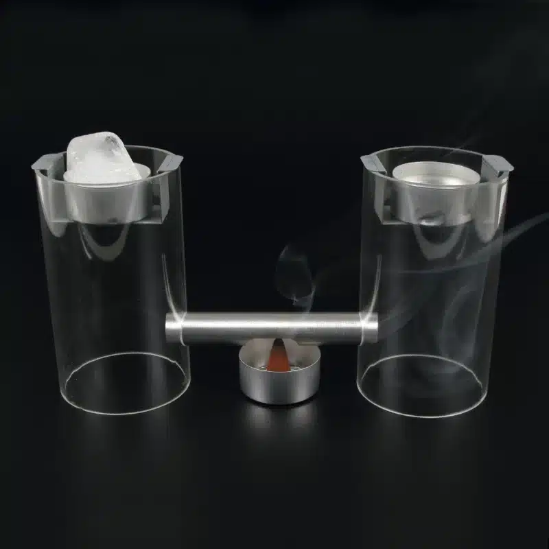 dynamique_masses_air_507069_1_bd8c - LabDidakt.dk Dynamisk-modellen af luftmasser består af to glascylindre, der er forbundet med et rør, med is i den ene og røg, der stiger op over en flamme i den anden.