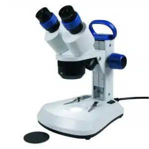 Et Blå LED-forstørrelsesglas med dobbelt okular og sort/hvid sceneplade på hvid baggrund.