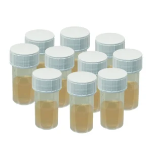 Ti Agarosegel EasyGreen™ 1% præfabrikerede beholdere med hvide låg, delvist fyldt, er vist på en hvid baggrund.