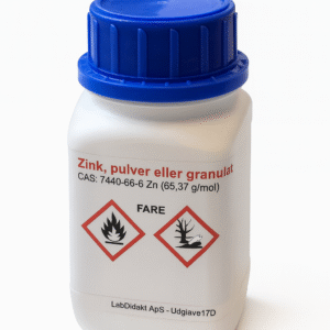 Hvid plastbeholder med blåt låg, dansk tekst og faresymboler for Zinkgranulat (250 g).