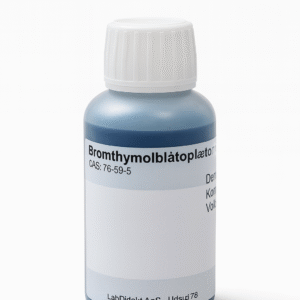 En plastflaske mærket Bromthymolblåtopløsning 0,04 % (125 mL) med en hvid hætte og ekstra kemisk information på etiketten.