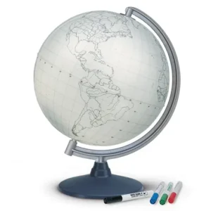 Tegneglobus Ø30cm: en hvid globus med omridsede kontinenter på et gråt stativ, inkl. 4 tuscher (sort, blå, grøn, rød).
