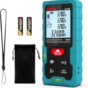 En blå Laser-afstandsmåler 120 m med to AA-batterier, en sort pose og en håndledsrem vises ved siden af enheden.