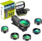 6 x kameralinser til smartphone med klips og etui, vist ved siden af produktæsken.