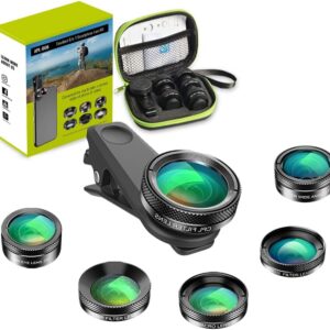 6 x kameralinser til smartphone med klips og etui, vist ved siden af produktæsken.