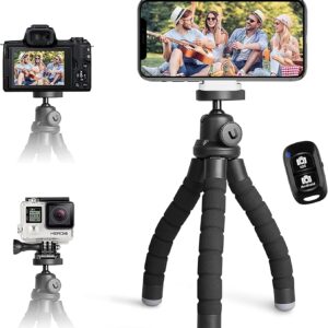 Gorillapod stativ til mobil og spejlrefleks holder smartphone, kamera og GoPro; trådløs fjernbetjening vises ved siden af.
