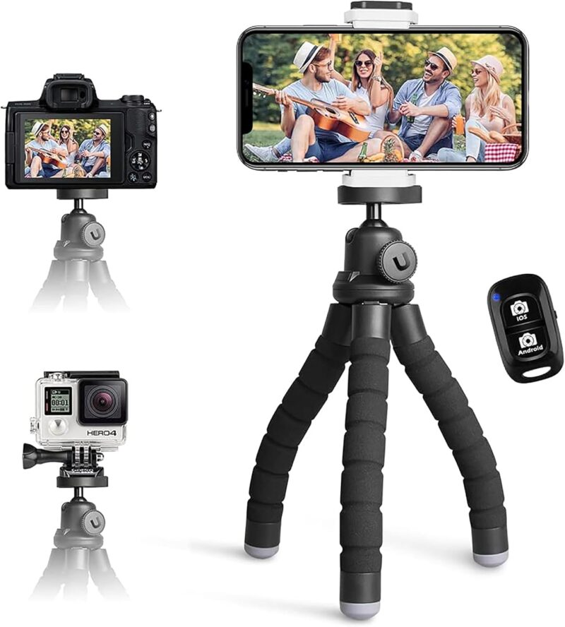 766600-gorillapod-stativ-mobil - LabDidakt.dk Gorillapod stativ til mobil og spejlrefleks holder smartphone, kamera og GoPro; trådløs fjernbetjening vises ved siden af.