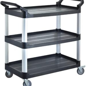 Rullebord, letvægt med 3 hylder: sort, sølv ben, håndtag i hver ende og fire drejelige hjul.