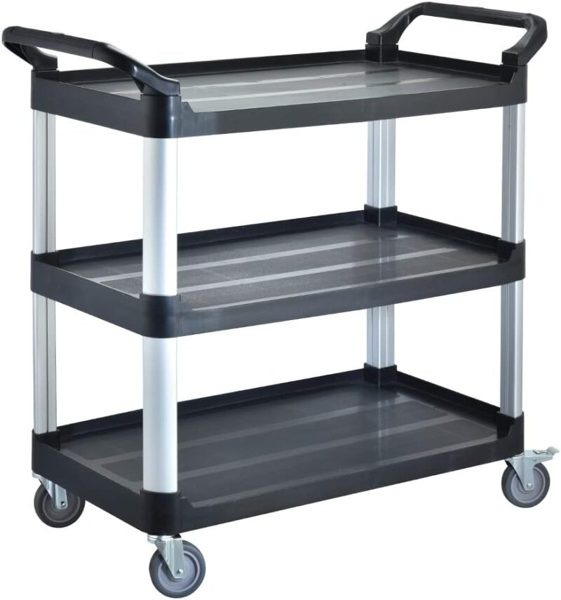 Rullebord, letvægt med 3 hylder: sort, sølv ben, håndtag i hver ende og fire drejelige hjul.