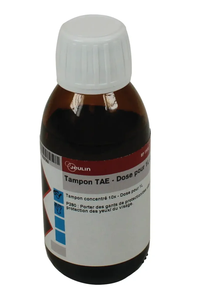 En brun glasflaske med en hvid hætte mærket TAE-buffer - Dosis til 1L og sikkerhedsinstruktioner på fransk.