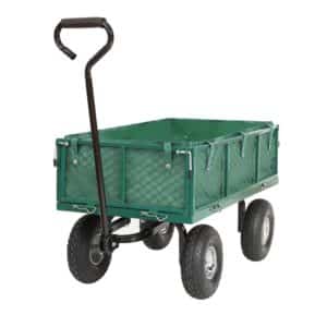 En grøn metal "Trækvogn med gitter" (max 350 kg) med sort håndtag, fire store hjul, på en hvid baggrund.