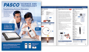 En forside på et PASCO-katalog om videnskab og teknologi og et opslag på indersiden viser STEM-produkter, sensorer og udstyr med detaljerede beskrivelser.
