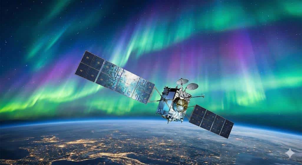 En satellit kredser over jorden med nordlyset og bylyset synligt nedenunder.