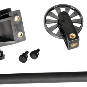 Super Pulley - Kombinationssæt indeholder et beslag, et hjul, to skruer og en stang vist på en hvid baggrund.