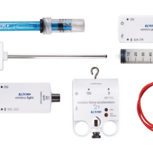 Startpakke med de mest anvendte sensorer til fysik/kemi vist på hvid baggrund, inkl. temperatur, tryk, lys, kraft og spænding.