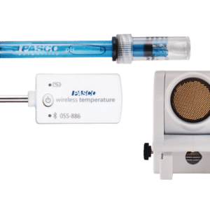 Startpakke med de mest anvendte sensorer til fysik/kemi indeholder fem PASCO wireless sensorer i række.