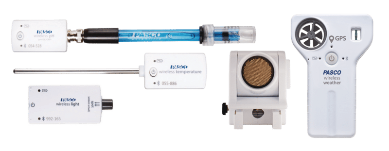 Ps-3305B - LabDidakt.dk Startpakke med de mest anvendte sensorer til fysik/kemi indeholder fem PASCO wireless sensorer i række.