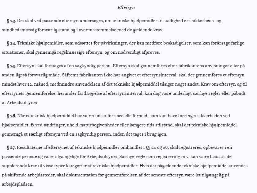 Et dokument på dansk viser flere afsnit, der diskuterer sikkerhedsregler på arbejdspladsen og krav til teknisk assistance.