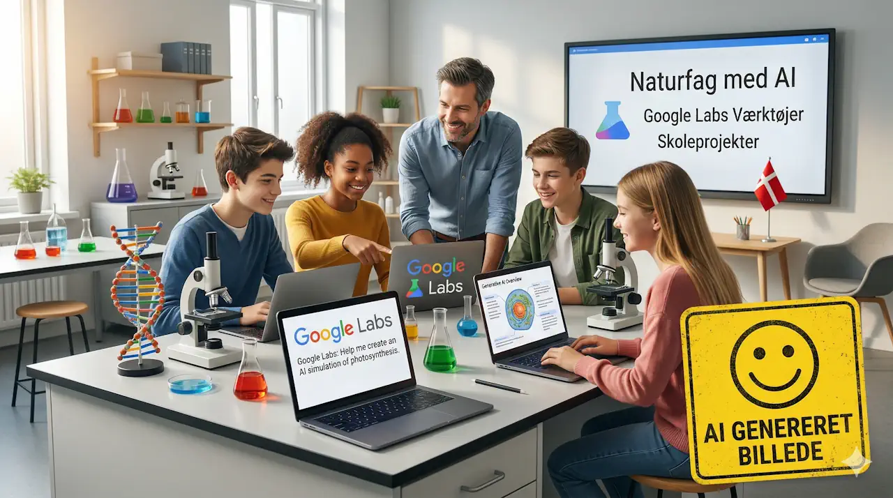 Fem elever og en lærer i et naturfagslokale med bærbare computere og mikroskoper og en Google Labs-præsentation på skærmen.