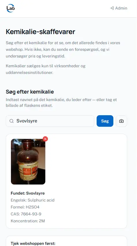 En webside viser en kemisk søgning efter svovlsyre, der viser en flaske mærket som svovlsyre med detaljer nedenfor.