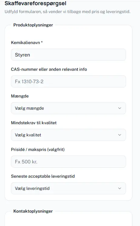 En dansk kemikalieforespørgselsformular med felter til kemikalienavn, CAS-nummer, mængde, kvalitet, pris og leveringsfrist.