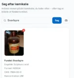 Skærmbillede fra App til Kemikaliebestilling: svovlsyre-formel H2SO4, CAS 7664-93-9, konc. 2M.