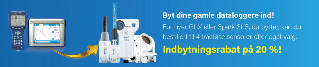 Der vises forskellige dataloggere og sensorer med en tekst, der tilbyder 20 % rabat på indbytning af gamle GLX- eller Spark SL/S-enheder.