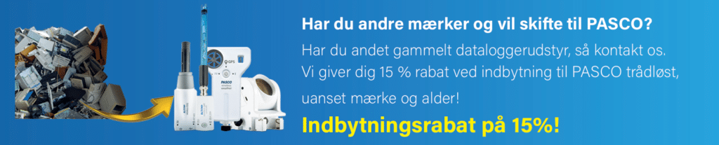 Til venstre ses en bunke gammelt elektronisk udstyr, og til højre peger pilene på nye PASCO-apparater. Text tilbyder 15% rabat på indbytning.