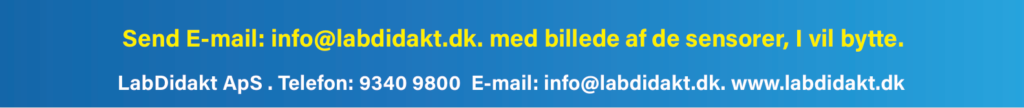 Tekst på blå baggrund med kontaktoplysninger for LabDidakt, herunder e-mail, telefon og hjemmeside.