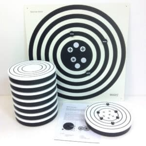BRIGHT Science Kit indeholder en magnetisk måltavle, runde skiver og en vejledning til undervisning i atomstruktur.