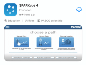 6dd37177-dbcc-4893-b90b-47ac3b38e5c4 - LabDidakt.dk SPARKvue 4-app-oversigt, der viser bedømmelse, 631 anmeldelser og eksperimentindstillinger: Manuel indtastning, sensordata og fjernlogning på skærmen.