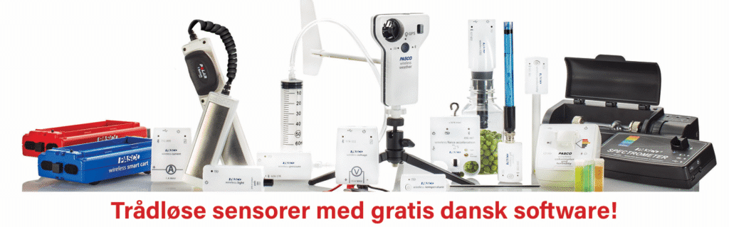 Promotional collage of wireless medical sensors and measurement devices with a Danish banner text: 'Trådløse sensorer med gratis dansk software!'