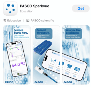 f53d6602-35b4-43d5-beb8-36212b79f6a8 - LabDidakt.dk PASCO Sparkvue-appens forhåndsvisning viser naturvidenskabelige data på mobiltelefoner, trådløse sensorer og analyseværktøjer med blå baggrunde i teknologisk stil.