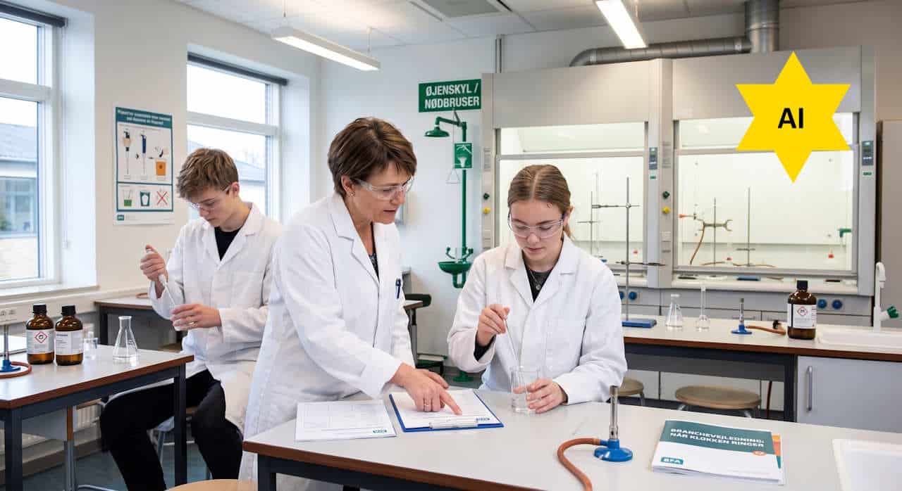 Tre personer i hvide laboratoriekitler arbejder med glasudstyr og kemikalier i et moderne naturvidenskabeligt laboratorieklasseværelse.